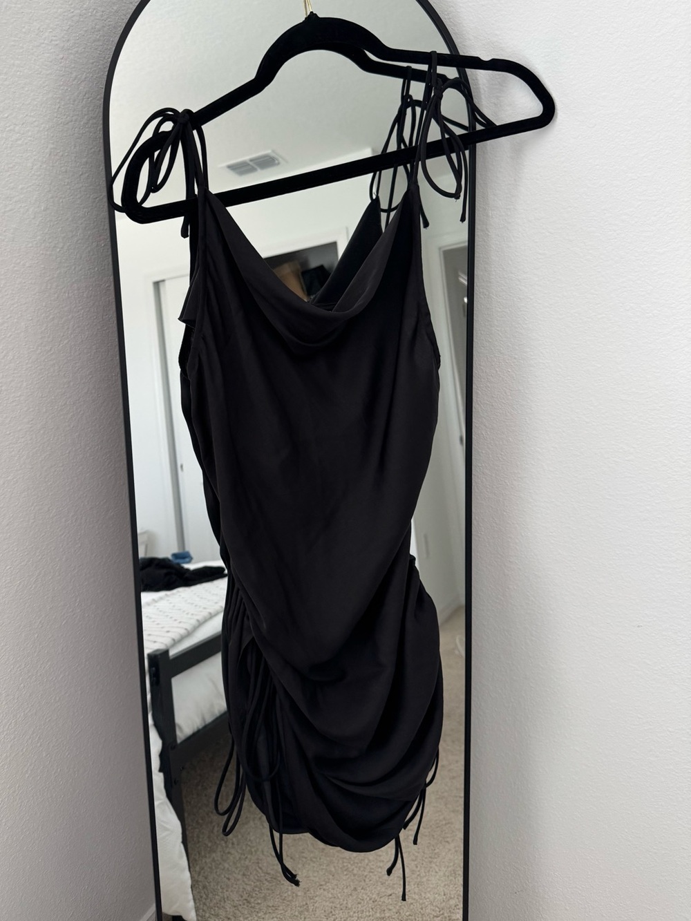 Satin Black Cowl Neck Ruched Tie-Shoulder Dress